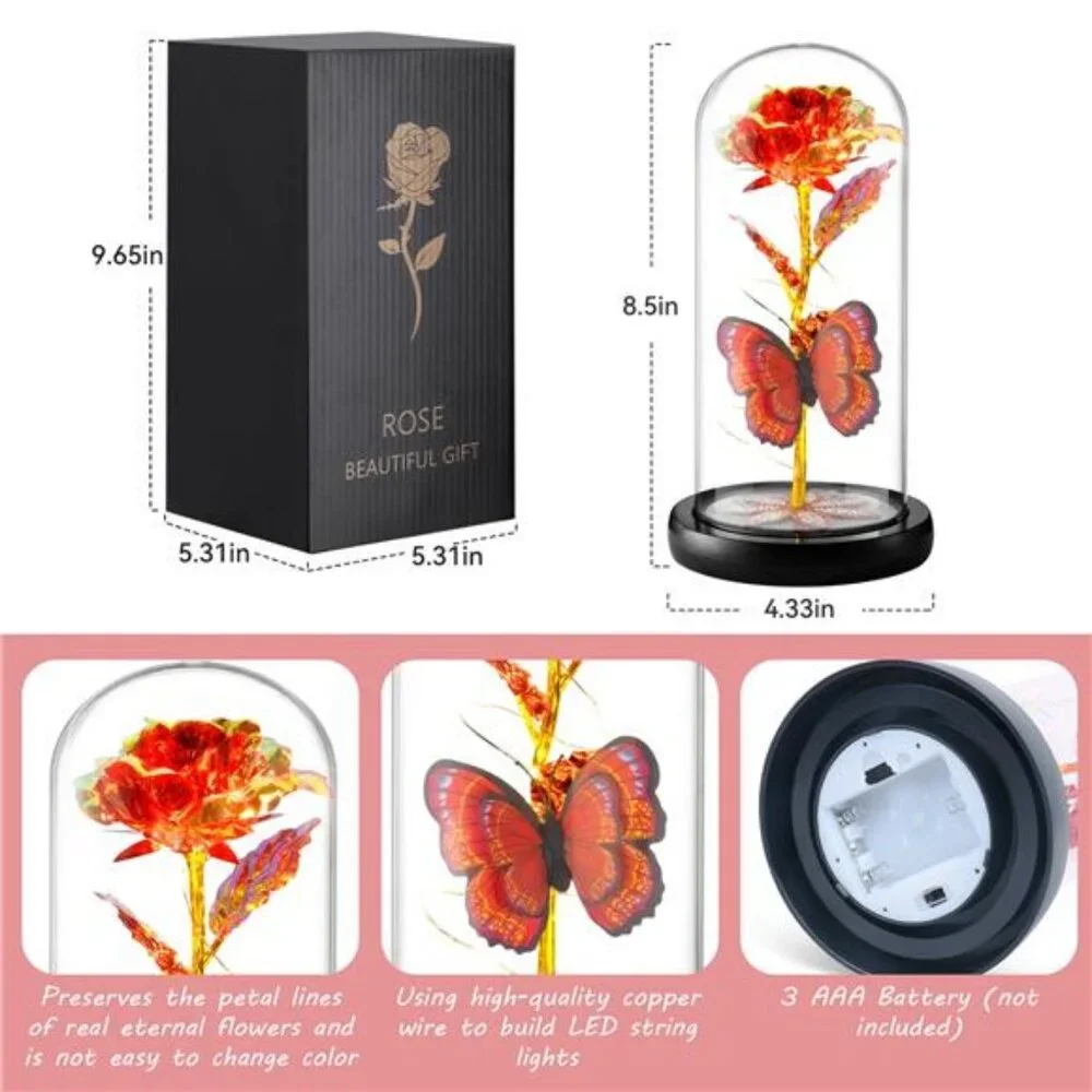 Mothers Day Gifts, Artificial Flowers Eternal Red Rose Butterfly Led